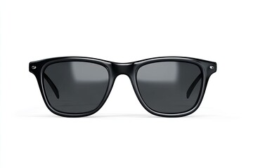 Black sunglasses, rectangular frame.  Front view,  dark lenses,  isolated on white background
