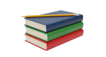 Isolated stack of textbooks with pencil on top, colored educational book objects on table
