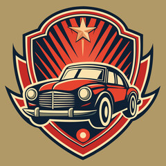 Retro automobile emblem design with classic typography and bold colors