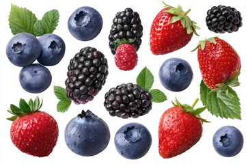 Assorted fresh berries, including blueberries, strawberries, blackberries, and raspberries, arranged on a white background