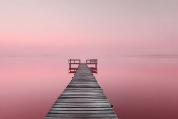 Obraz premium Wooden pier with benches on pink water calm water serene