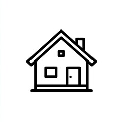 Simple black outline drawing of a house.  Single line style, front view, with a peaked roof, two windows, and a door.  Basic home icon
