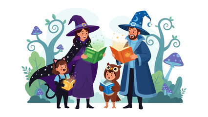 Enchanted Reading: A captivating illustration depicts a family dressed as wizards, immersed in spellbinding books within a magical forest setting.