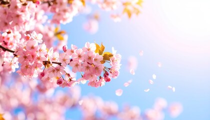 Fototapeta premium Pink Cherry Blossom Branches Against Blue Sky Background.
