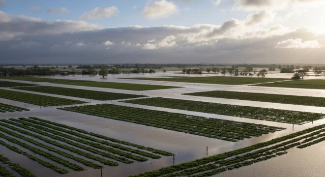 Aerial view of flooded farmland, numerous irrigation channels and plots, under a partly cloudy sky
