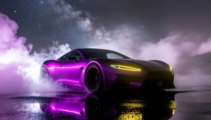Futuristic Style Sports Car on Wet Asphalt Road at Night