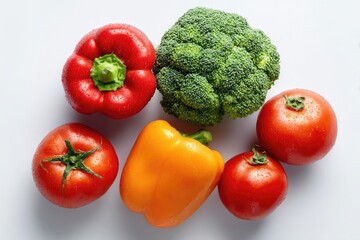 Fresh, vibrant vegetables arranged on a plain white surface.  Bright red bell pepper, bright yellow bell pepper, broccoli florets, and round red tomatoes are clustered together.  Healthy, colorful