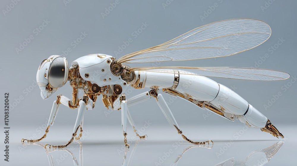 Poster robot insect model with intricate golden details. advanced robotic fly design for future technology,