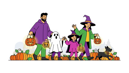Naklejka premium Happy Halloween Family: An illustration captures a family's joyful Halloween adventure, with children in vibrant costumes trick-or-treating. The scene is filled with pumpkins.