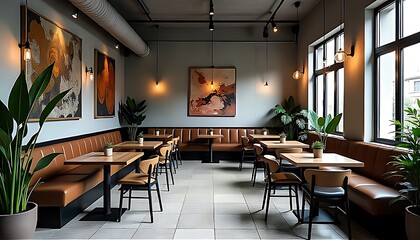 Bright minimalist café with brown leather benches, simple wooden tables, large windows for natural light, and modern wall art, offering a relaxing and stylish dining environment.