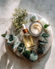 A collection of skincare products is beautifully arranged on a marble surface, surrounded by fresh eucalyptus leaves and delicate flowers, The scene has a luxurious feel