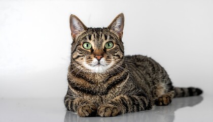Portrait Cute Tabby Domestic Cat with Green Eyes Relaxing Indoors