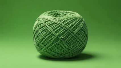 A perfectly formed sphere of pale green yarn rests on a matching green background, casting a subtle shadow.  The yarn's intricate crisscrossing pattern is clearly visible