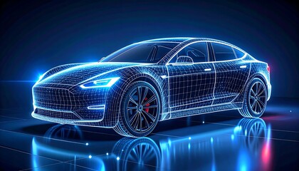 A sleek, electric car's wireframe model, rendered in blue light against a dark, grid-like backdrop with glowing accents
