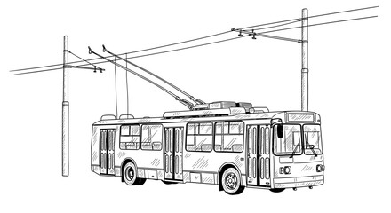 Vintage Trolleybus Illustration: A Detailed Black and White Artistic Rendition