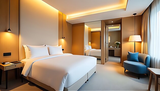 Luxurious hotel bedroom with king-size bed, soft lighting, modern decor, and cozy seating area, offering a warm and inviting atmosphere for relaxation and comfort.