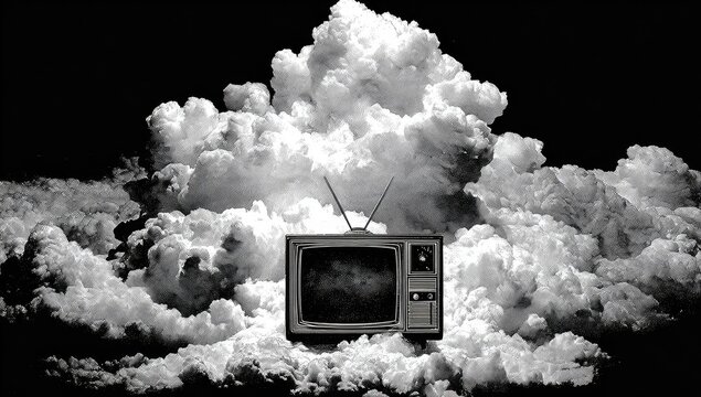 Vintage TV amidst dramatic clouds