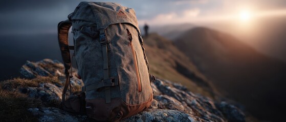 A lone backpack sits atop a rugged mountain peak, offering a sense of adventure and travel