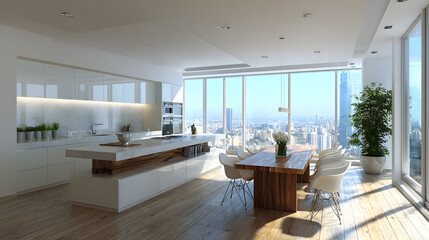 Fototapeta premium Luxurious modern kitchen with stunning city views, offering a bright, airy space for sophisticated living and elegant entertaining