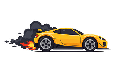 Yellow Sport Car Accelerating with Flame and Smoke on Transparent Background