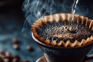 freshly brewed coffee, close-up shot with steam and coffee beans. The image captures the essence of a rich, aromatic beverage being made