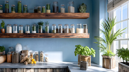 Organized kitchen pantry with rustic wooden shelves showcasing an abundance of glass jars filled with grains, herbs, and spices, bathed in natural sunlight.