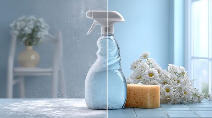 a spray bottle with flowers on a table. A clean, fresh, and simple setting.