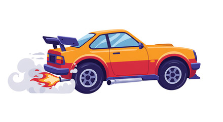 Cartoon Orange Race Car with Flames and Smoke on Black