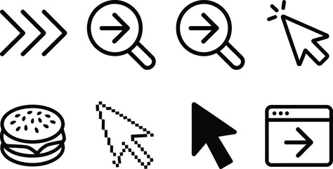 Set of simple black and white arrow icons, cursor pointers, magnifying glass with arrow, hamburger menu, digital navigation symbols, user interface design elementsSet 