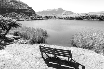 Bench on the Dam and Kloof Trail in Clarens. Monochrome