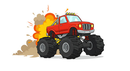 Cartoon Red Monster Truck with Large Tires and Explosion