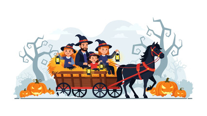 Fototapeta premium Halloween family in carriage: A family dressed in Halloween costumes rides in a horse-drawn carriage with spooky pumpkins under a tree with illustration style.