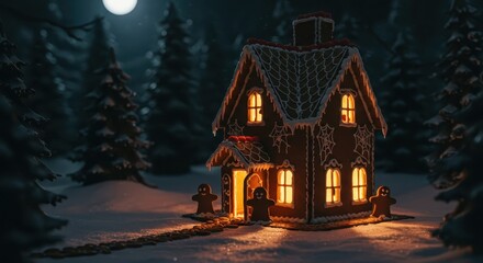A charming gingerbread house, adorned with icing details, stands in a snowy forest at night, lit by warm interior light.