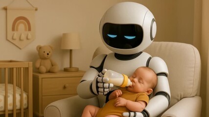 Humanoid robot feeding baby with bottle in cozy nursery. Concept of AI in parenting, robotic childcare, smart home assistance, future family technology, and caregiving automation