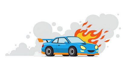 Blue Racing Car Speeding with Flames and Smoke on Transparent Background