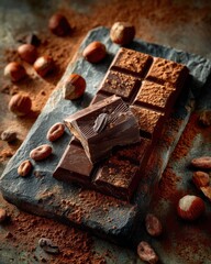 Delicious dark chocolate bar, cocoa powder and hazelnut on a slate plate, a symphony of flavors and textures