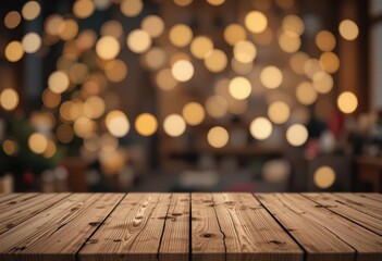 Warm Wood Surface for Christmas Mockups   Soft Blurred Lights in Background Create a Cozy, Customizable Holiday Scene