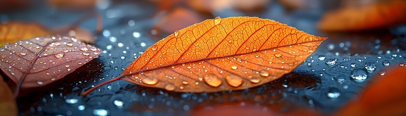 Detailed ro photograph of a vibrant orange autumn leaf adorned with numerous sparkling water droplets resting on a wet dark surface