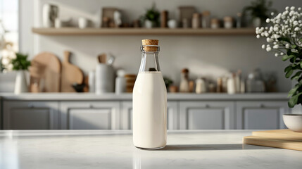 Fresh milk bottle on a white marble countertop in a minimalist kitchen setting with soft natural light