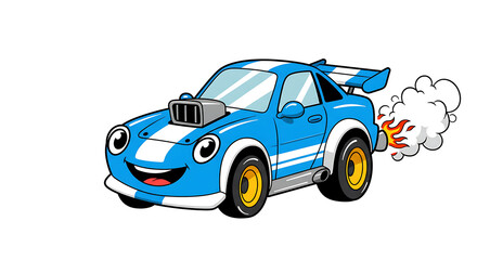 Cartoon Blue Race Car with Flames on Transparent Background