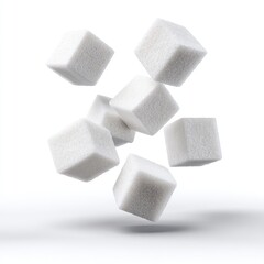 White sugar cubes levitate in a dynamic, three-dimensional array against a plain white background.  