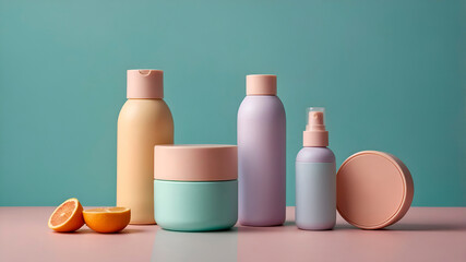 Adorable kawaii 3D skincare bottles in pastel colors, minimal and eco-friendly design, representing sustainable cosmetics and zero waste lifestyle for stock use.
