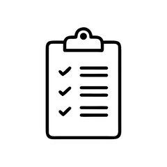 Simple black and white line art icon of a clipboard with a checklist and checkmarks