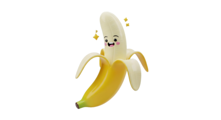 A charming 3D render of a peeled banana character with a happy facial expression and glowing stars
