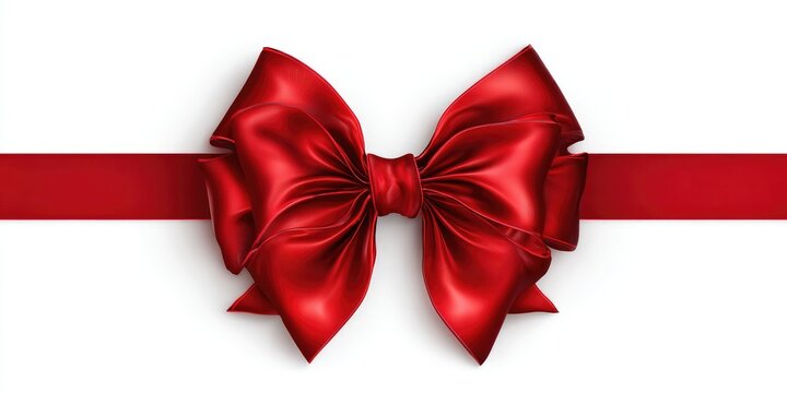 Red satin ribbon bow atop a horizontal band of red ribbon against a plain white background - Powered by Adobe