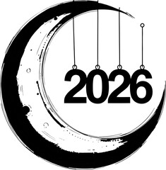 Happy New Year 2026 Crescent Moon with Hanging Numbers Design
