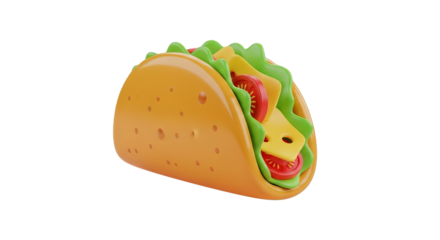 A tasty and vibrant 3D taco illustration showcases refreshing lettuce, tomato, and cheese filling.