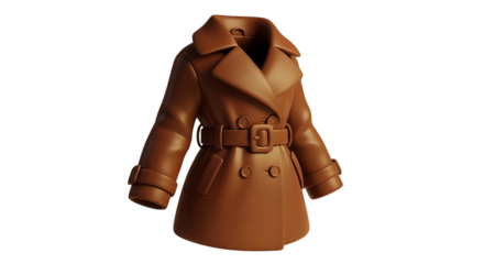 Isolated 3D model of a belted trench coat in a chocolate brown tone against a stark backdrop.