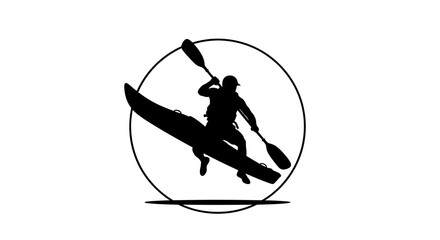 Dynamic kayaker silhouette performing aerial stunt within a circular frame for adventure sports branding