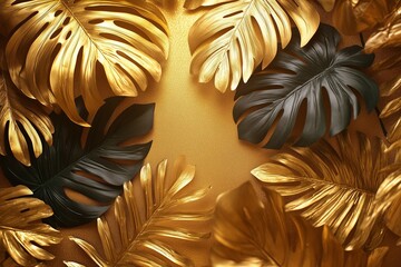 Gold monstera leaves and palm leaves background. Modern abstract wallpaper.